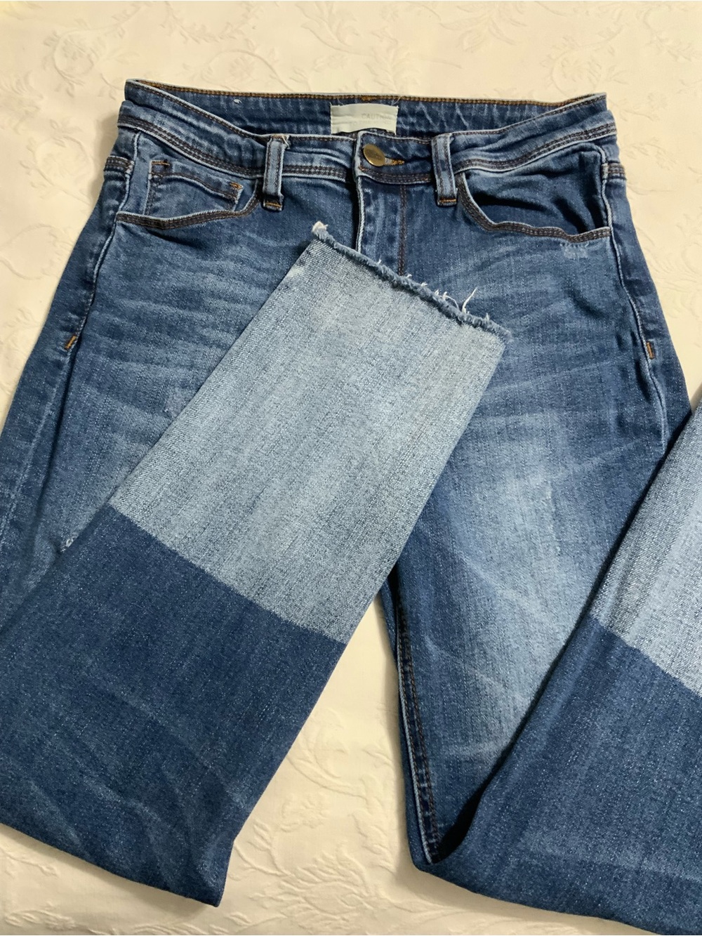 Caution To The Wind Two-Tone Color Blocked Jeans, size 7, Boho Denim